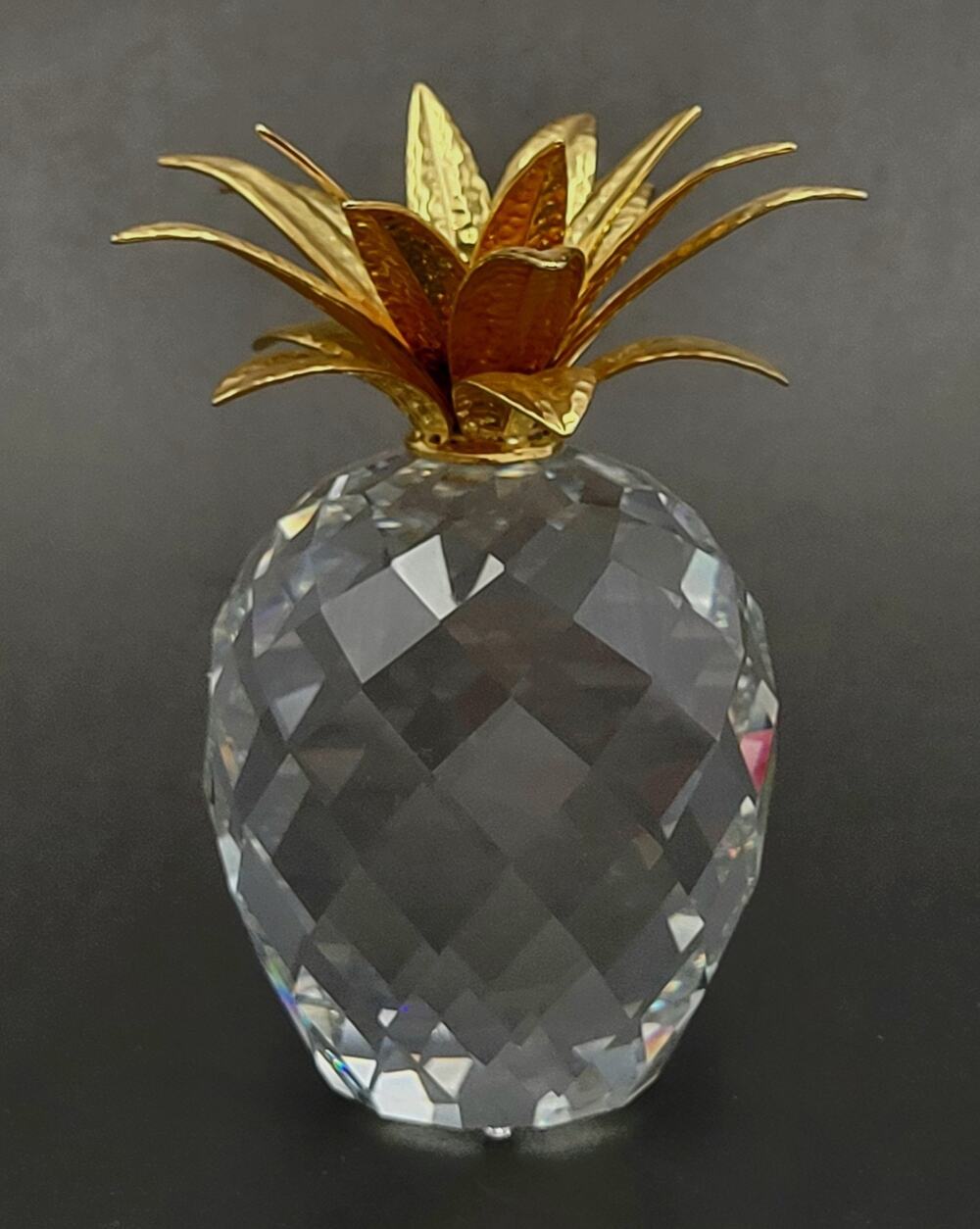Swarovski Crystal Pineapple W/ Gold Metal Leaves Large 4" Cube Stamp Vtg
